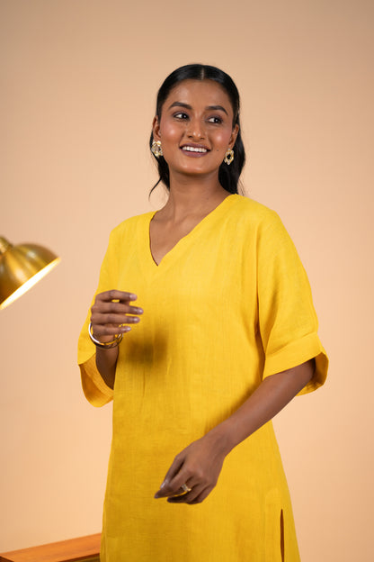 Yellow linen kimono sleeve kurta set