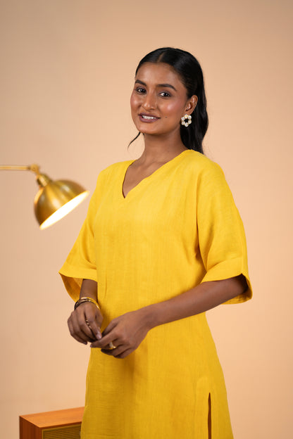 Yellow linen kimono sleeve kurta set