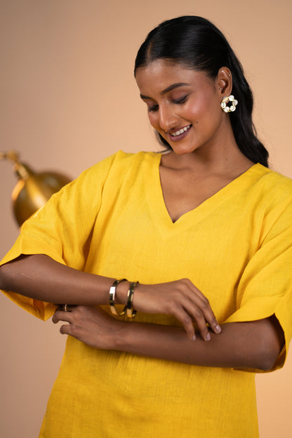 Yellow linen kimono sleeve kurta set
