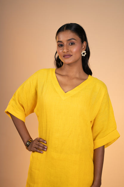 Yellow linen kimono sleeve kurta set