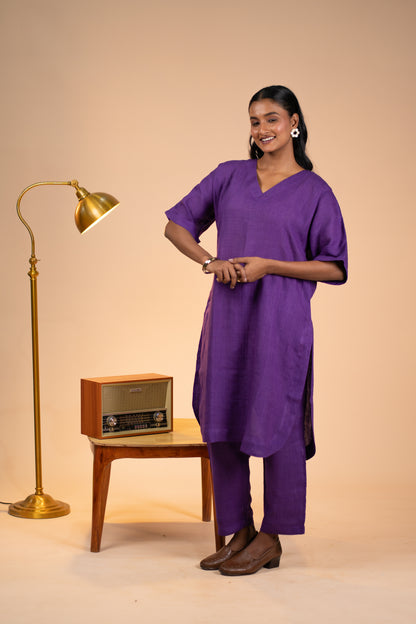 Aubergine linen kimono sleeve kurta set