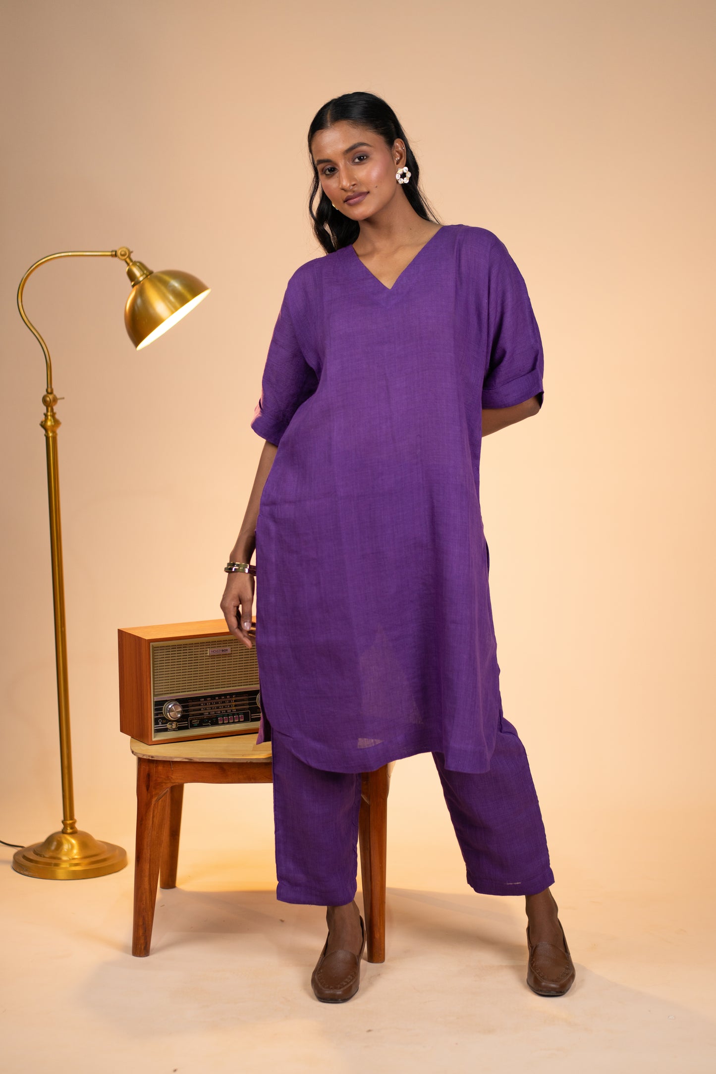 Aubergine linen kimono sleeve kurta set