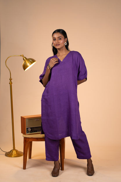 Aubergine linen kimono sleeve kurta set