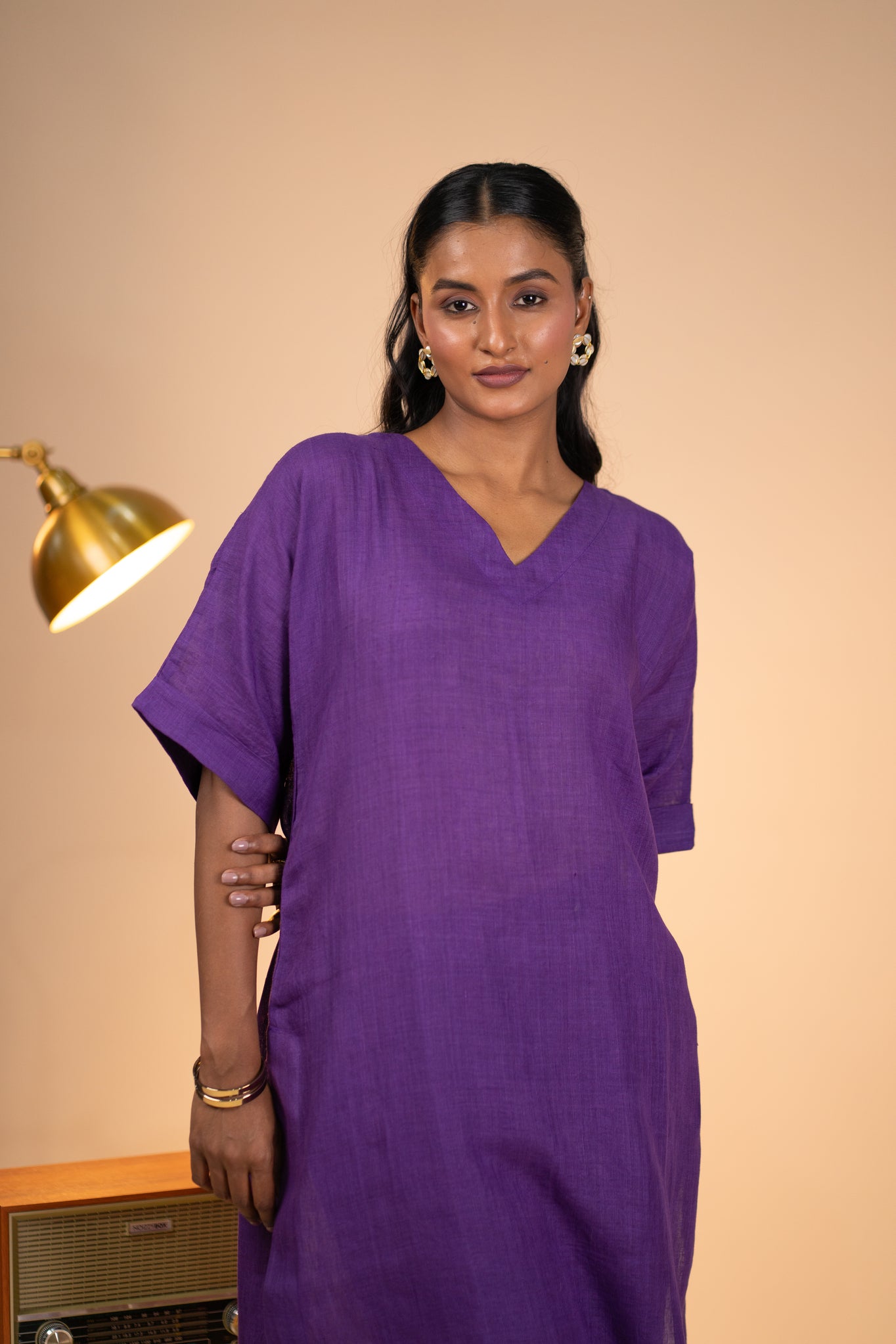 Aubergine linen kimono sleeve kurta set