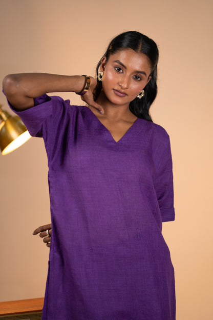 Aubergine linen kimono sleeve kurta set
