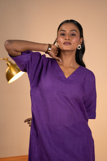 Aubergine linen kimono sleeve kurta set