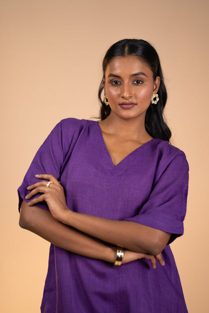 Aubergine linen kimono sleeve kurta set