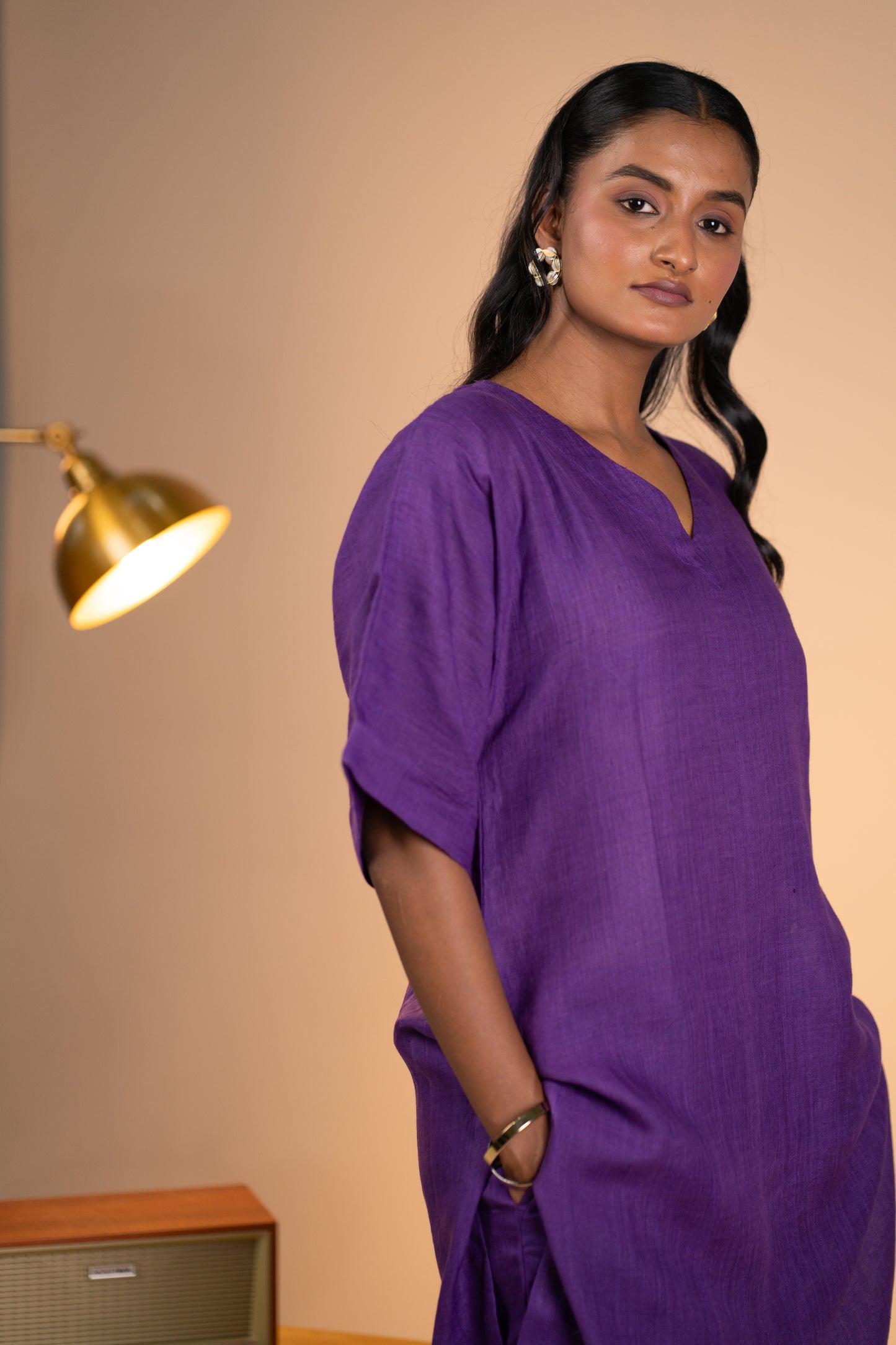 Aubergine linen kimono sleeve kurta set