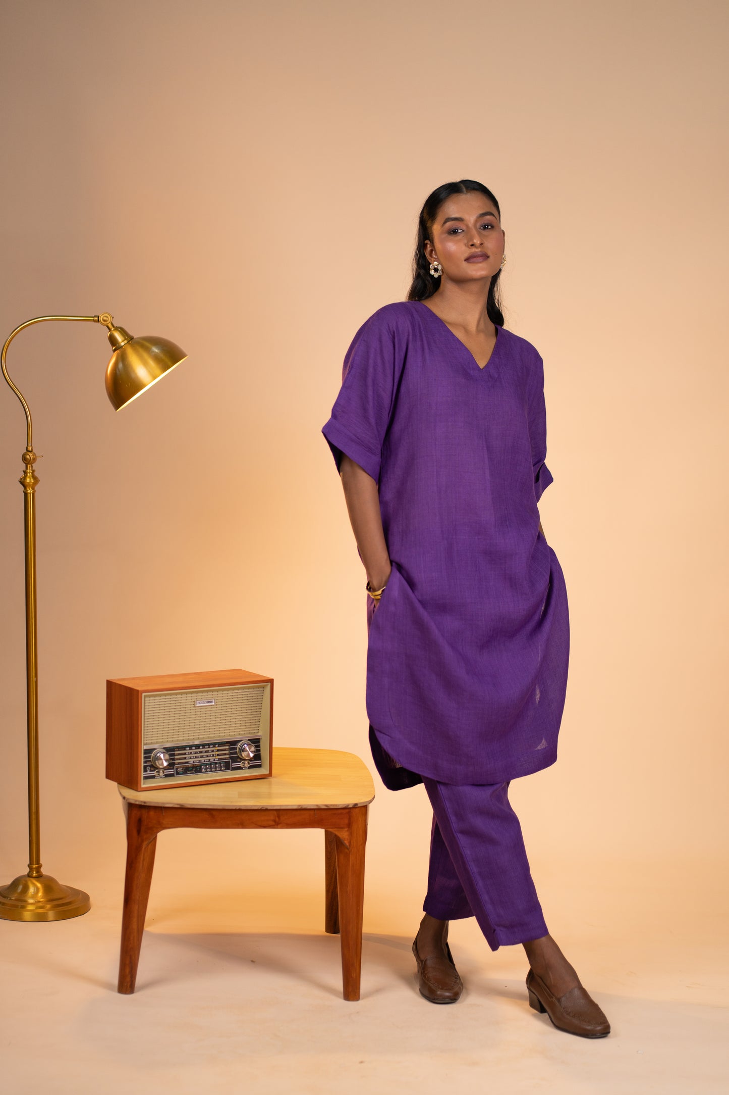 Aubergine linen kimono sleeve kurta set