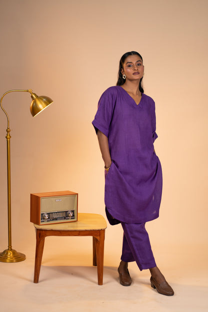 Aubergine linen kimono sleeve kurta set