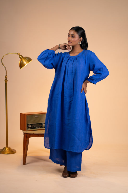 Blue linen pleated neck kurta set