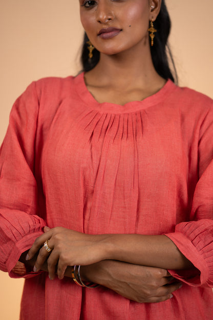 Gajri linen pleated neck kurta set