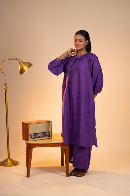 Aubergine linen pleated neck kurta set