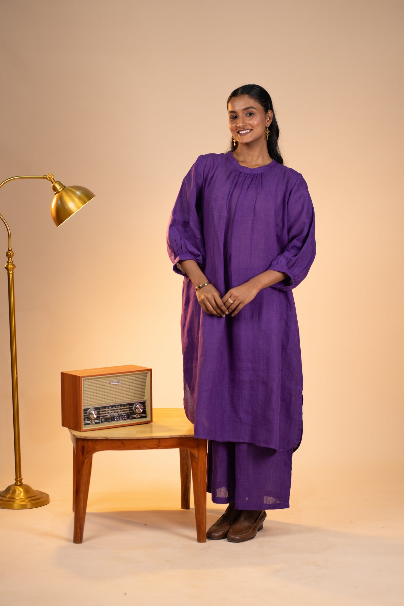 Aubergine linen pleated neck kurta set