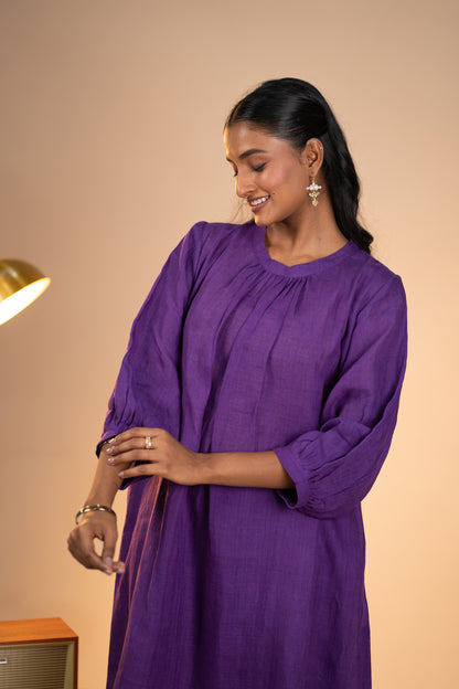 Aubergine linen pleated neck kurta set