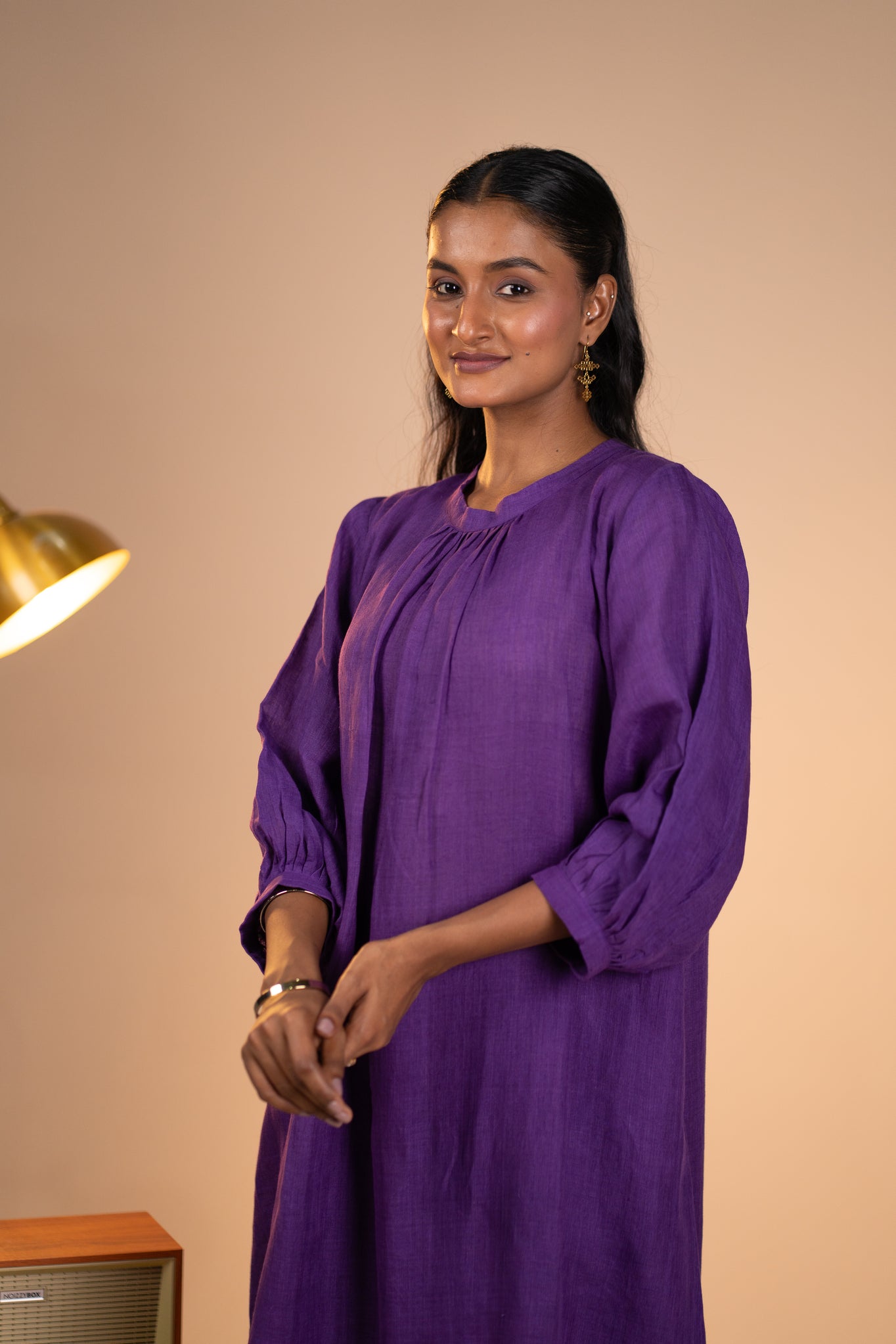 Aubergine linen pleated neck kurta set