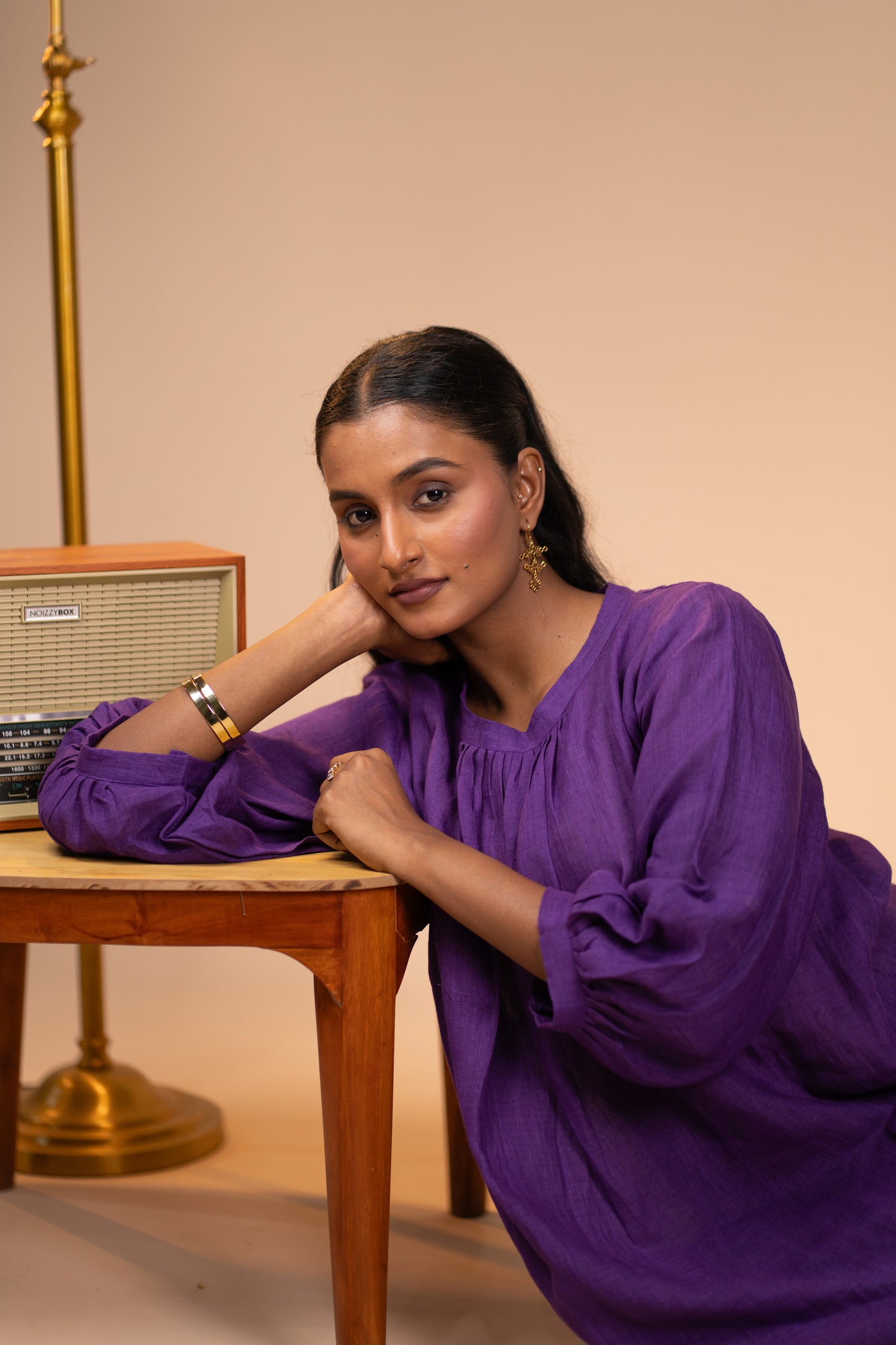 Aubergine linen pleated neck kurta set