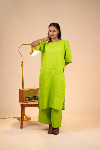 Lime linen high slit kurta set