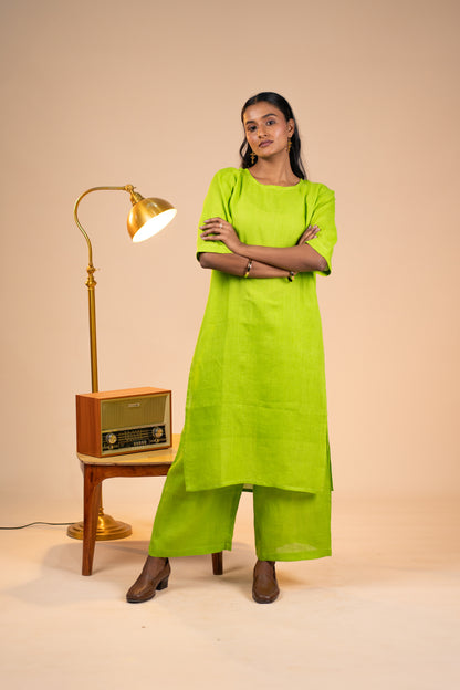 Lime linen high slit kurta set