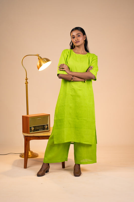Lime linen high slit kurta set