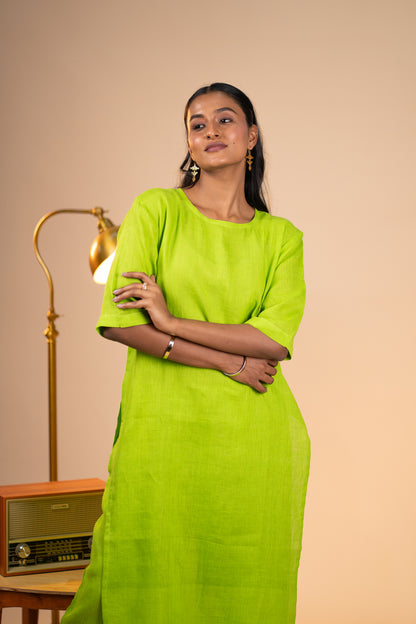Lime linen high slit kurta set