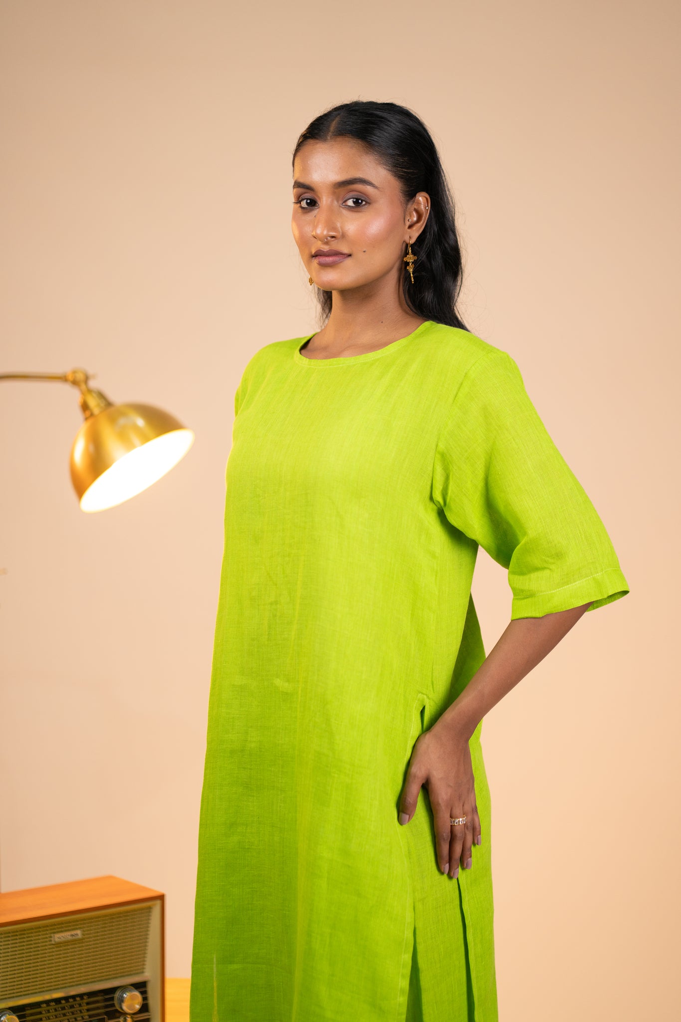Lime linen high slit kurta set