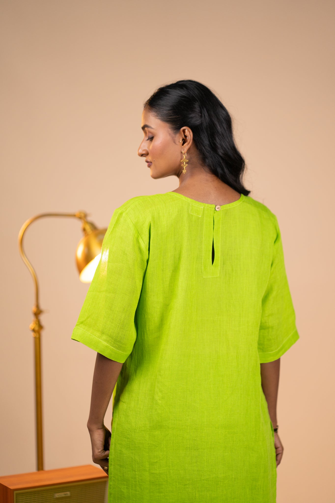 Lime linen high slit kurta set