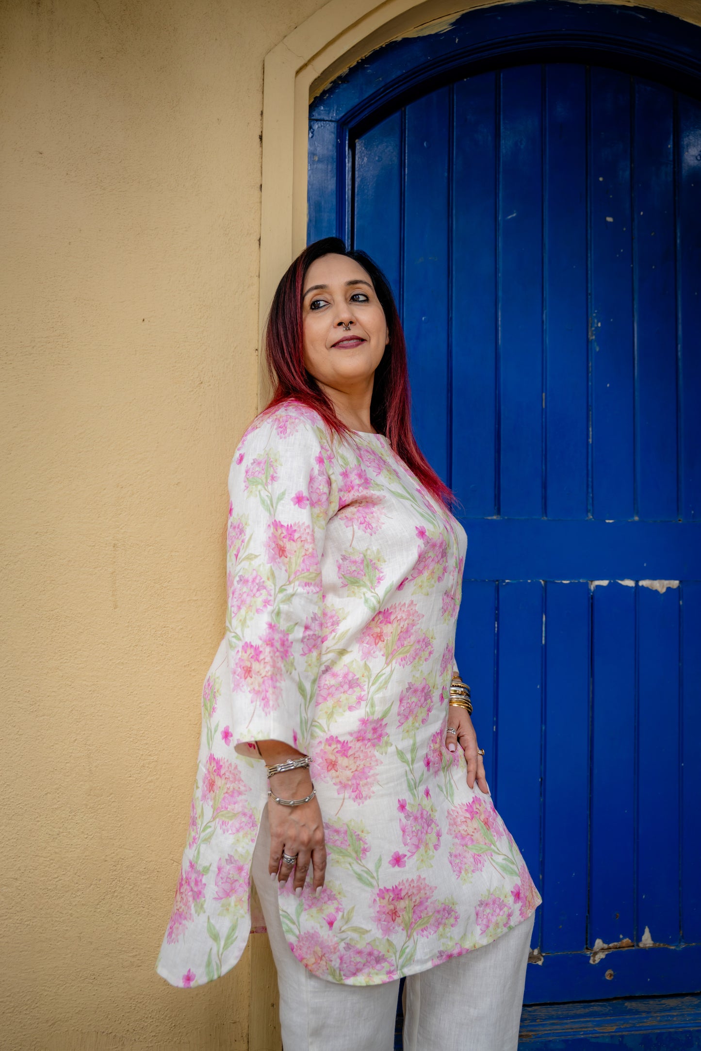 Hyderangea print kurta set with linen pants