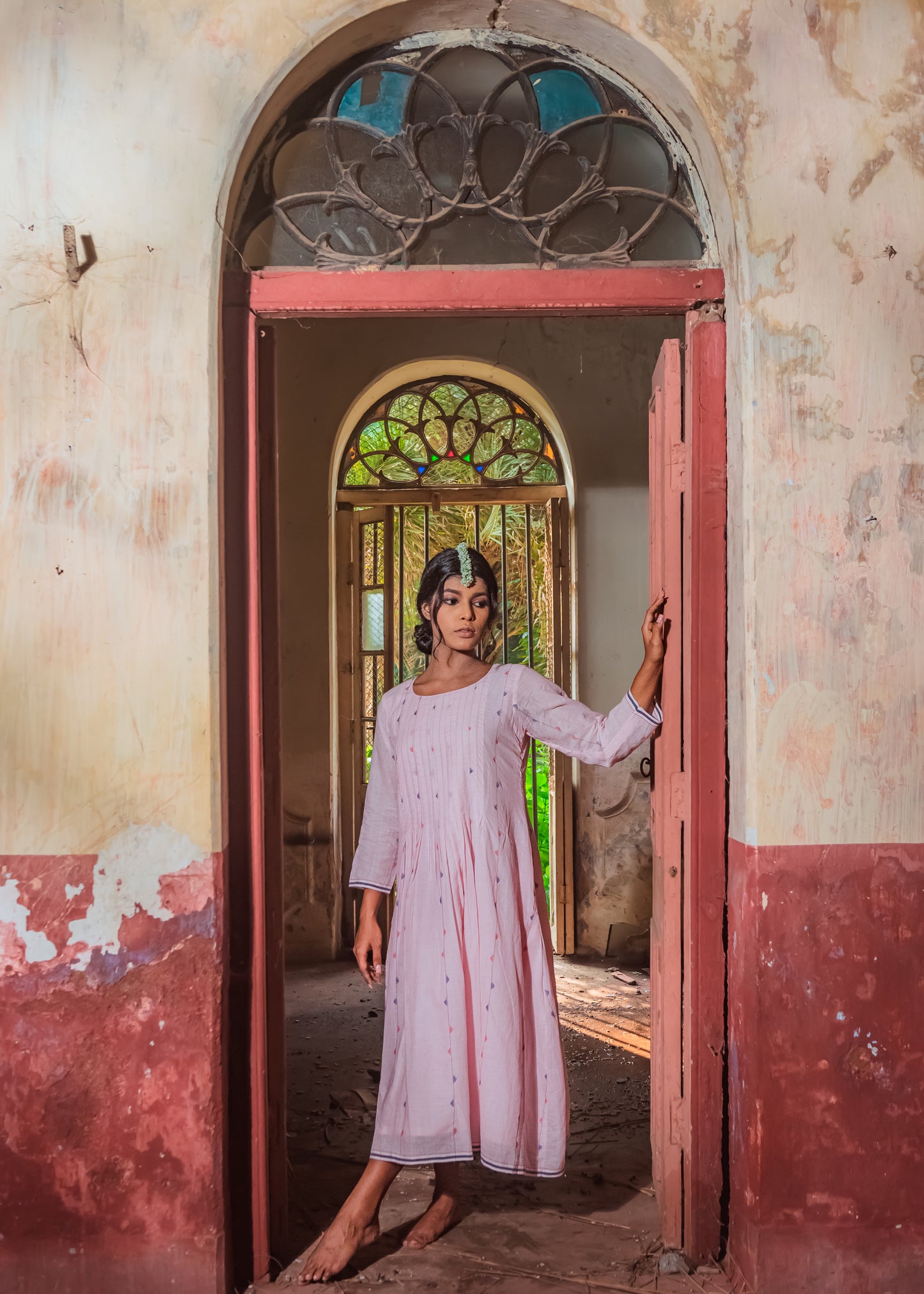 Pink stripes pleated Jamdani dress