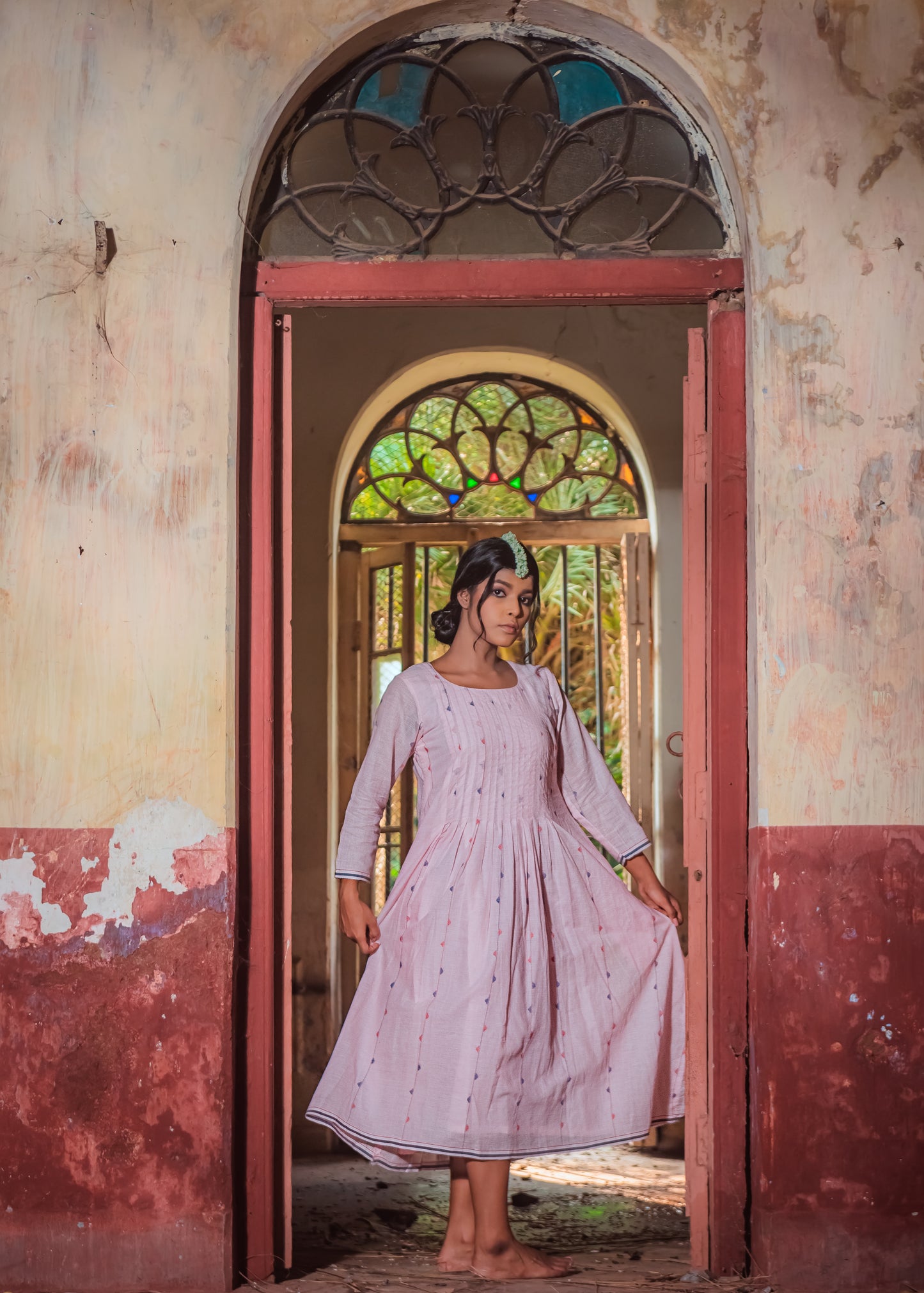 Pink stripes pleated Jamdani dress