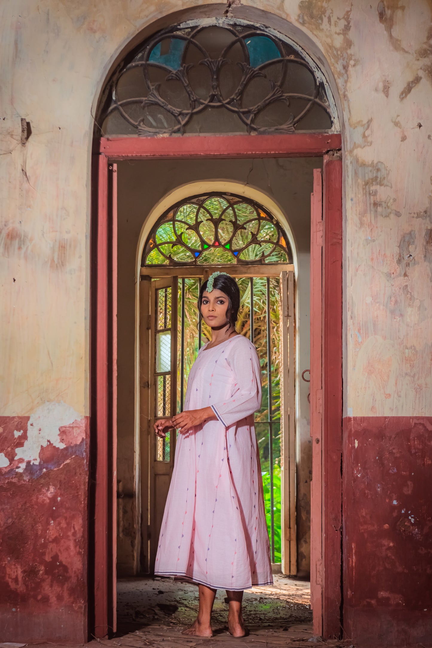 Pink stripes pleated Jamdani dress