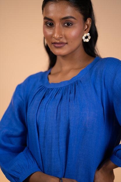 Blue linen pleated neck kurta set