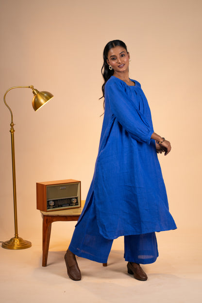 Blue linen pleated neck kurta set