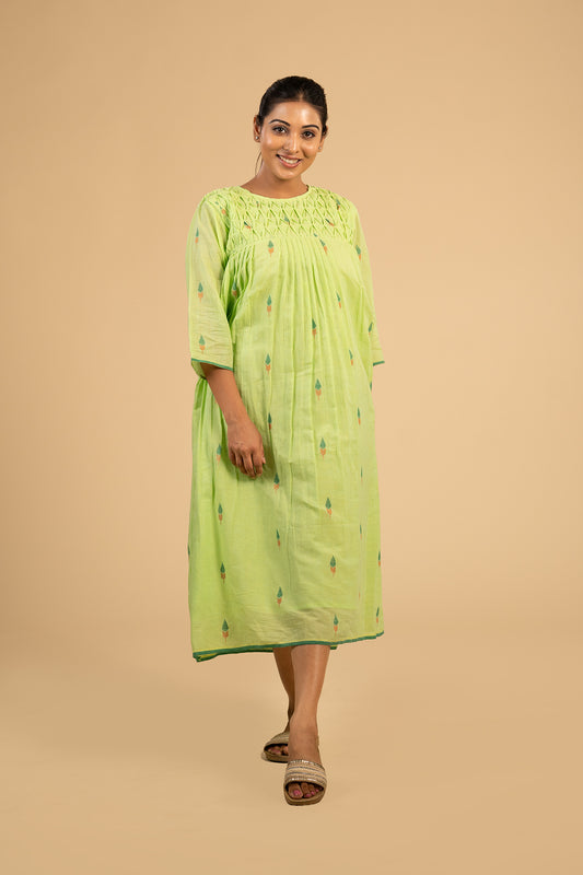 Pista green jamdani smocked dress