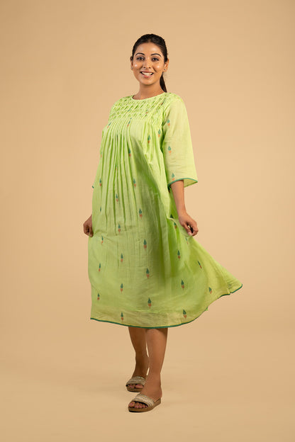 Pista green jamdani smocked dress