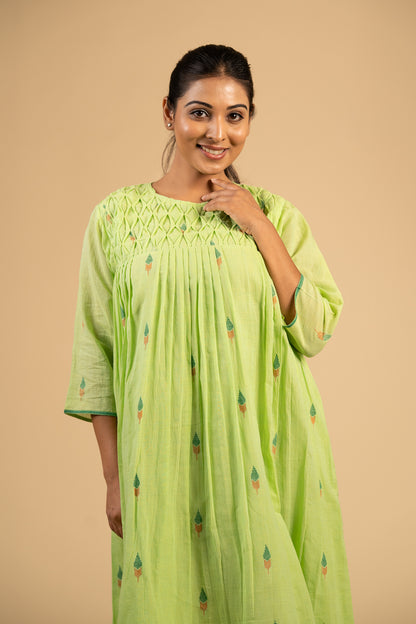 Pista green jamdani smocked dress