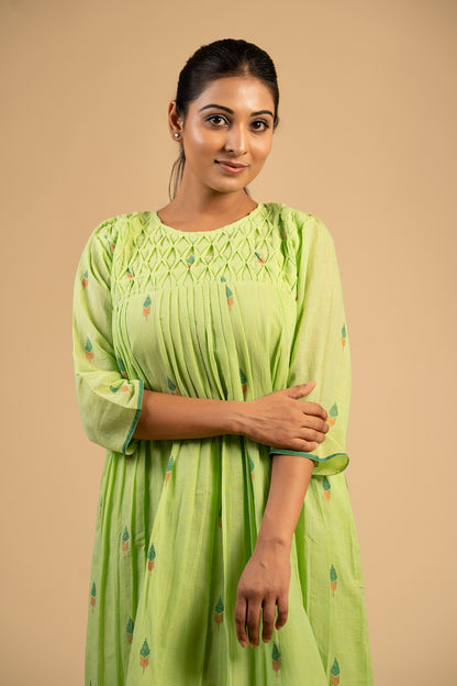 Pista green jamdani smocked dress