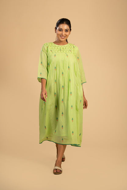 Pista green jamdani smocked dress