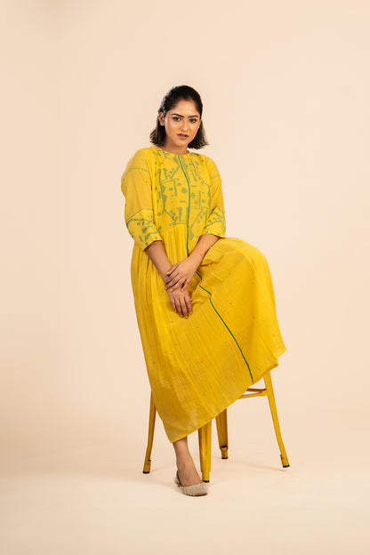 Yellow Jamdani Dress with patchwork