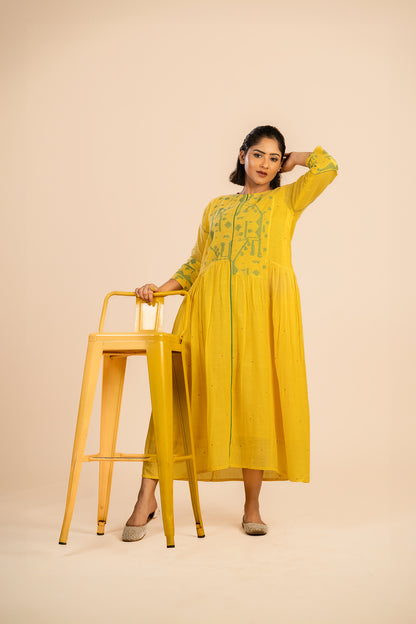 Yellow Jamdani Dress with patchwork