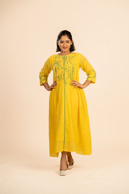 Yellow Jamdani Dress with patchwork