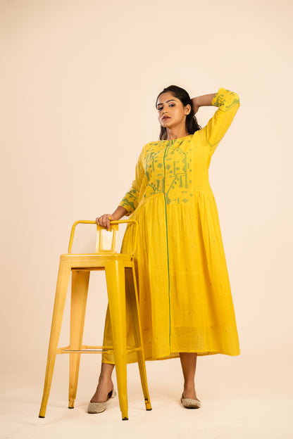 Yellow Jamdani Dress with patchwork