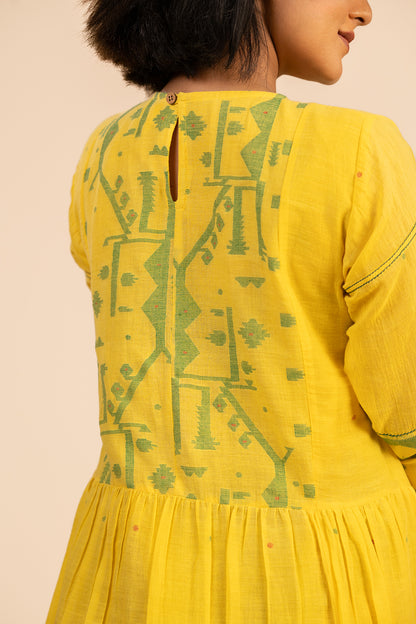 Yellow Jamdani Dress with patchwork