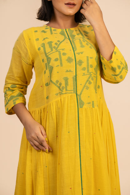 Yellow Jamdani Dress with patchwork