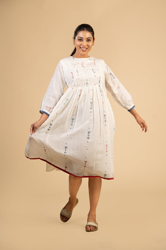 White jamdani smocked dress