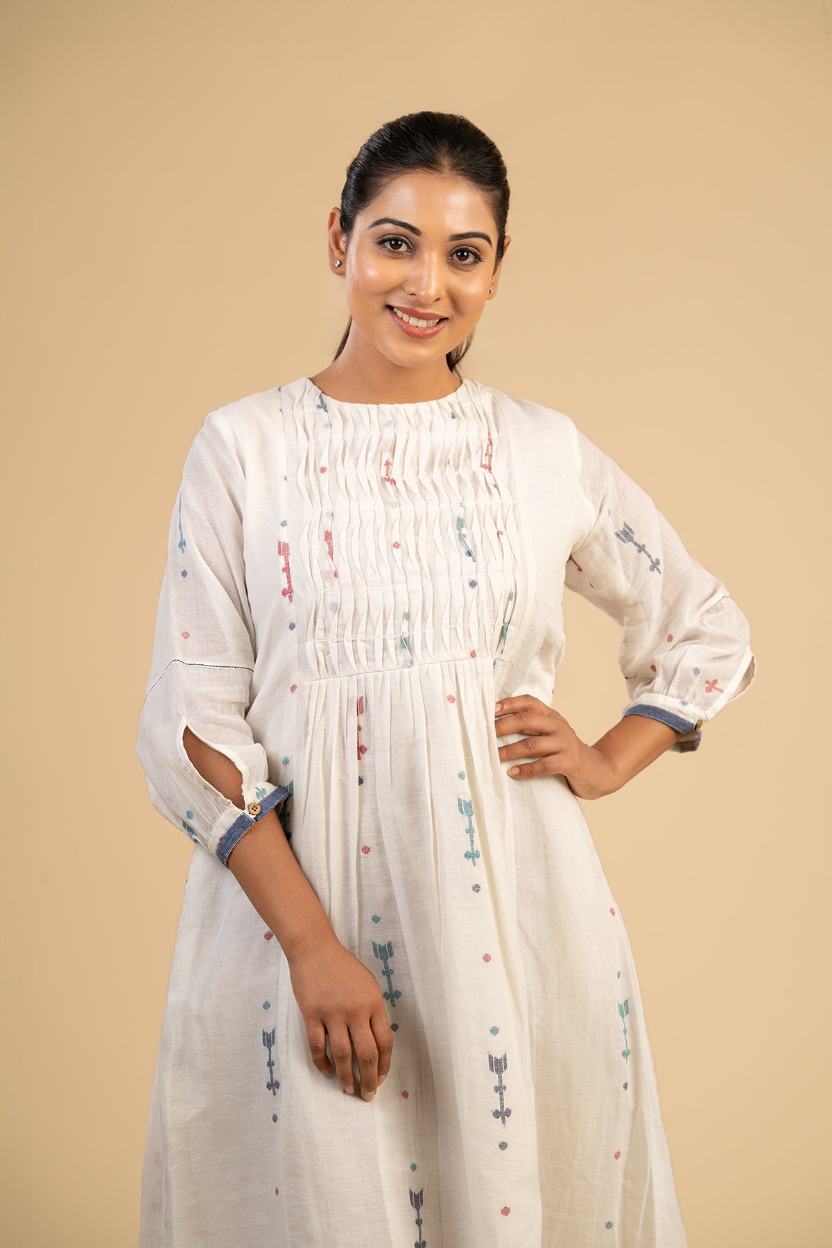 White jamdani smocked dress