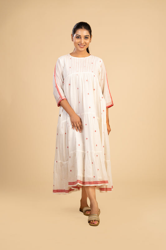 White Pleated Jamdani with red buta