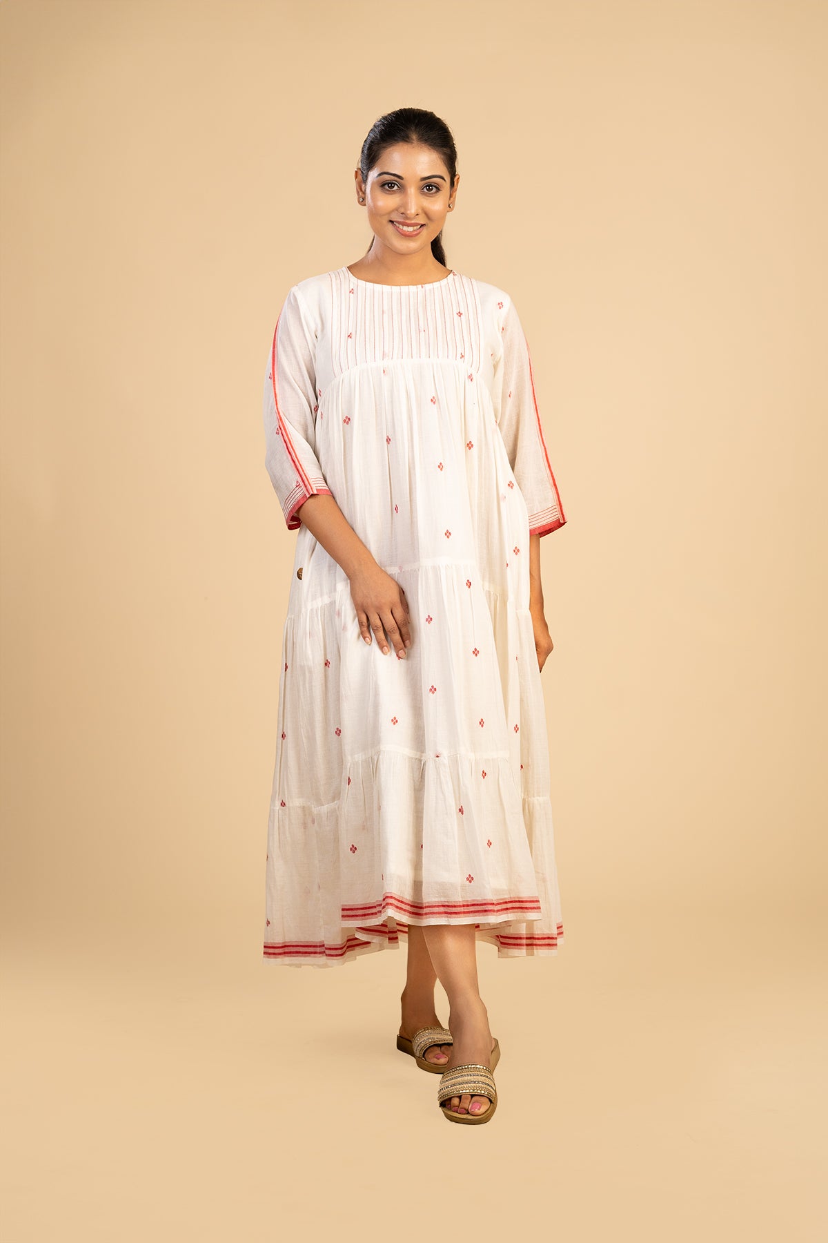 White Pleated Jamdani with red buta