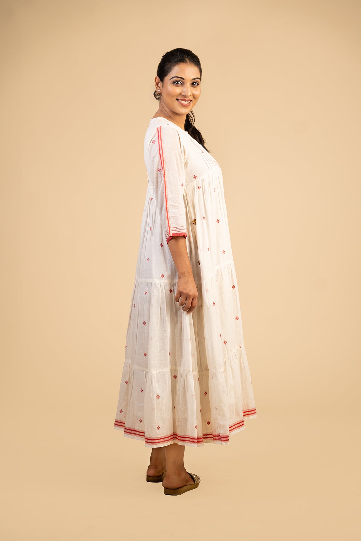 White Pleated Jamdani with red buta