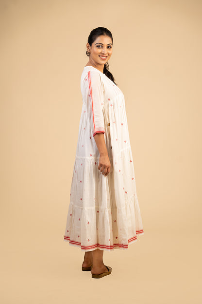 White Pleated Jamdani with red buta